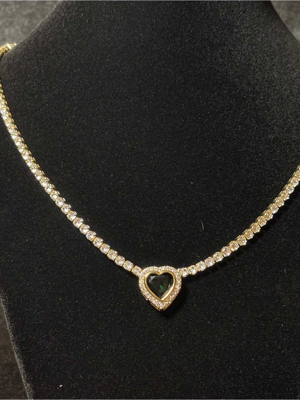 3.2mm Yellow Gold Emerald Green Heart Halo CZ Tennis Necklace 19in.
